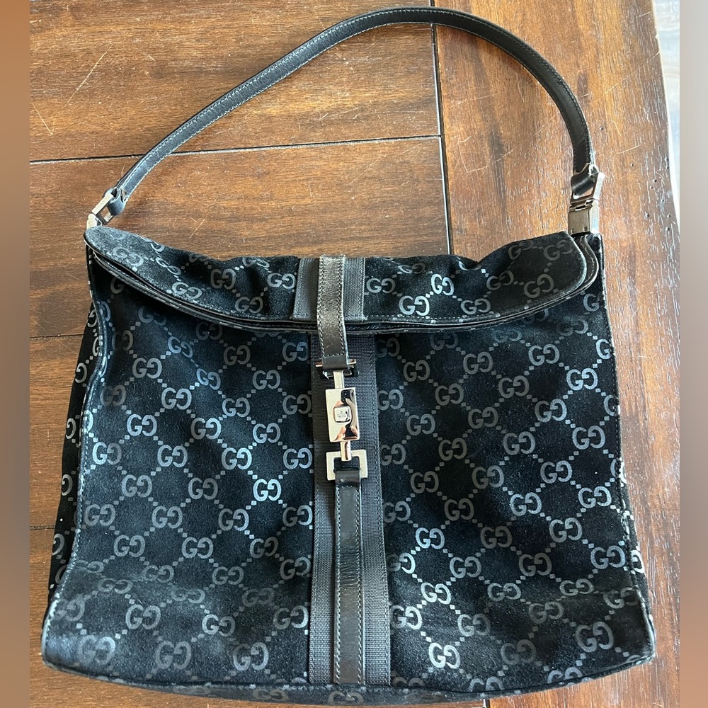 Gucci GG monogram purse in black suede leather